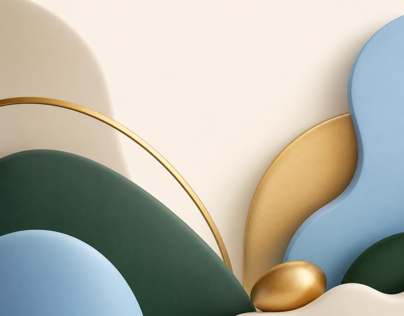 Abstract rounded shapes in forest green, gold, and sky blue representing steady business growth